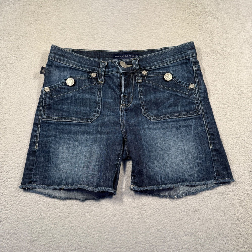 Y2K Rock & Republic Low Rise Denim‎ Jean Shorts Womens 2 Dark Wash Frayed Hem